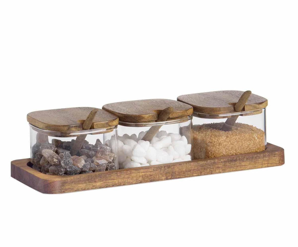 Azucarero De Vidrio Y Madera De Acacia, 3 Piezas Con Bandeja, 27 X 10,5 X 7 Cm