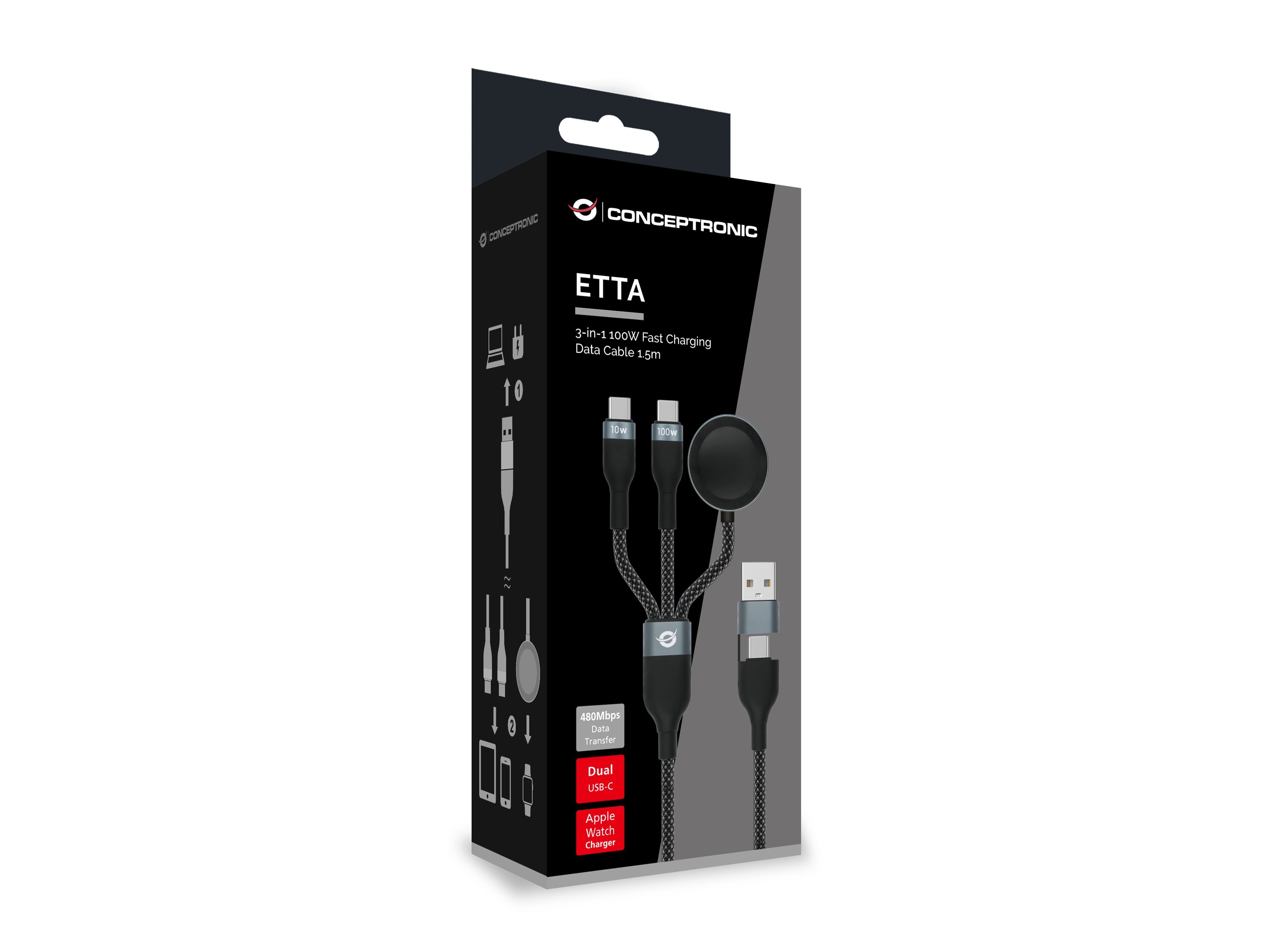 Cable Conceptronic Usb-C -A2.0->Usb-C Awc Pd 480mbs 1.50m Sw