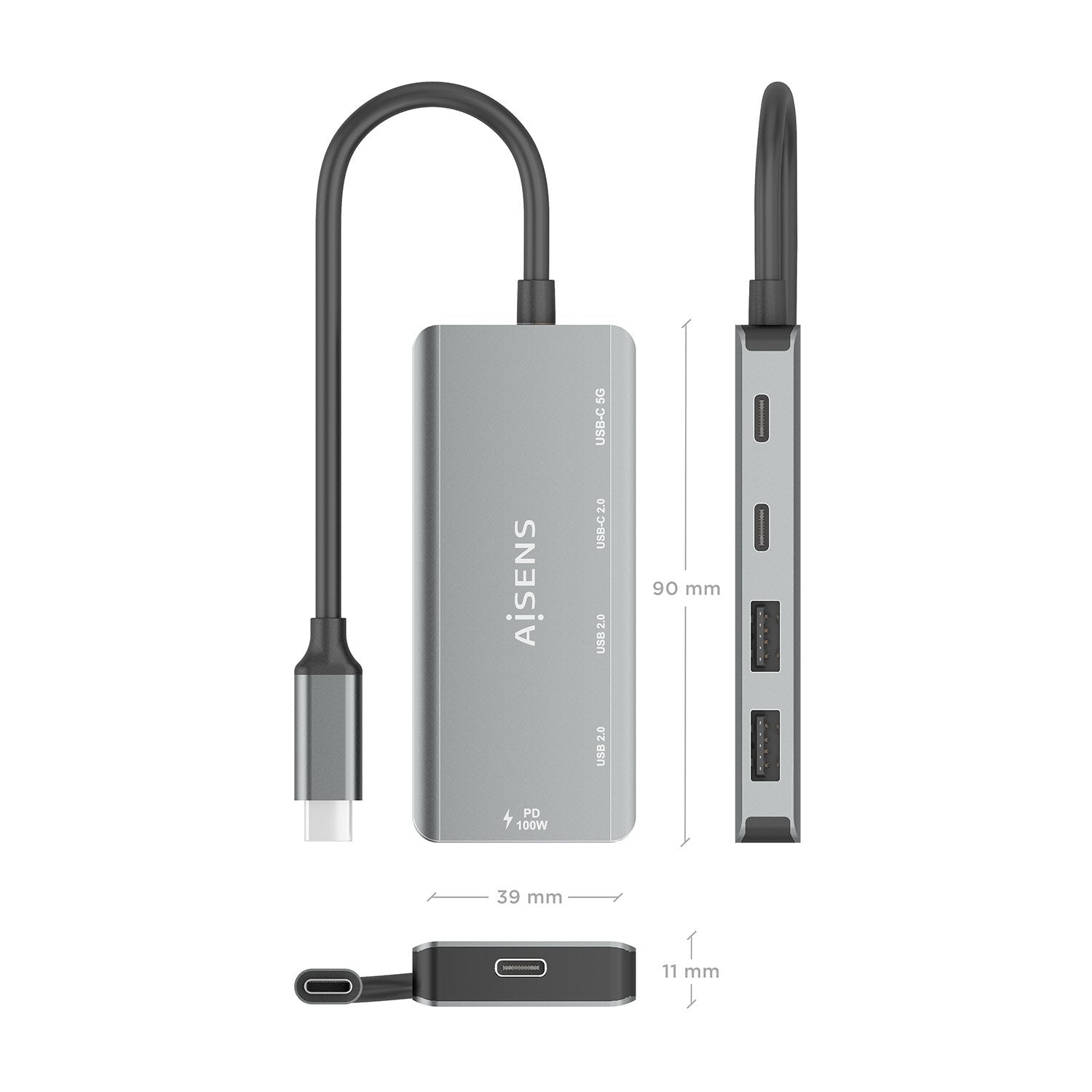 Aisens Hub Usb 3.1 Usb-C, Usb-C/M-1xusb-C Pd 100w+1xusb-C Usb3.0/H+1xusb-C Usb2.0/H+2xusb-A Usb2.0/H, Gris, 15cm