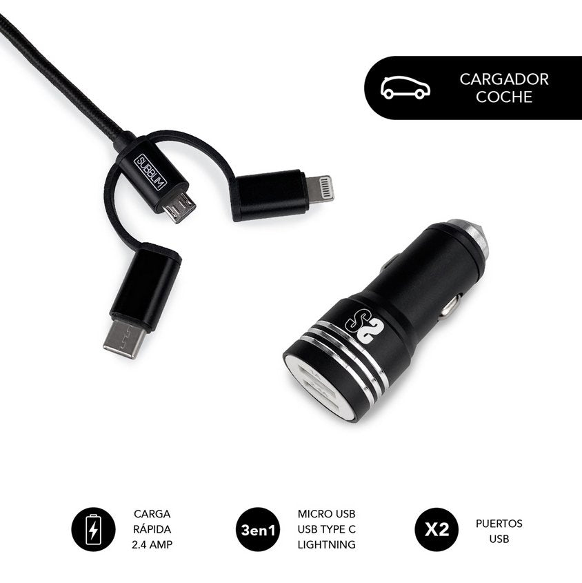 Cargador De Coche Subblim Sub-Chg-4cc002/ 2 Usb + Cable Usb 3 En 1/ 2.4a/ Negro