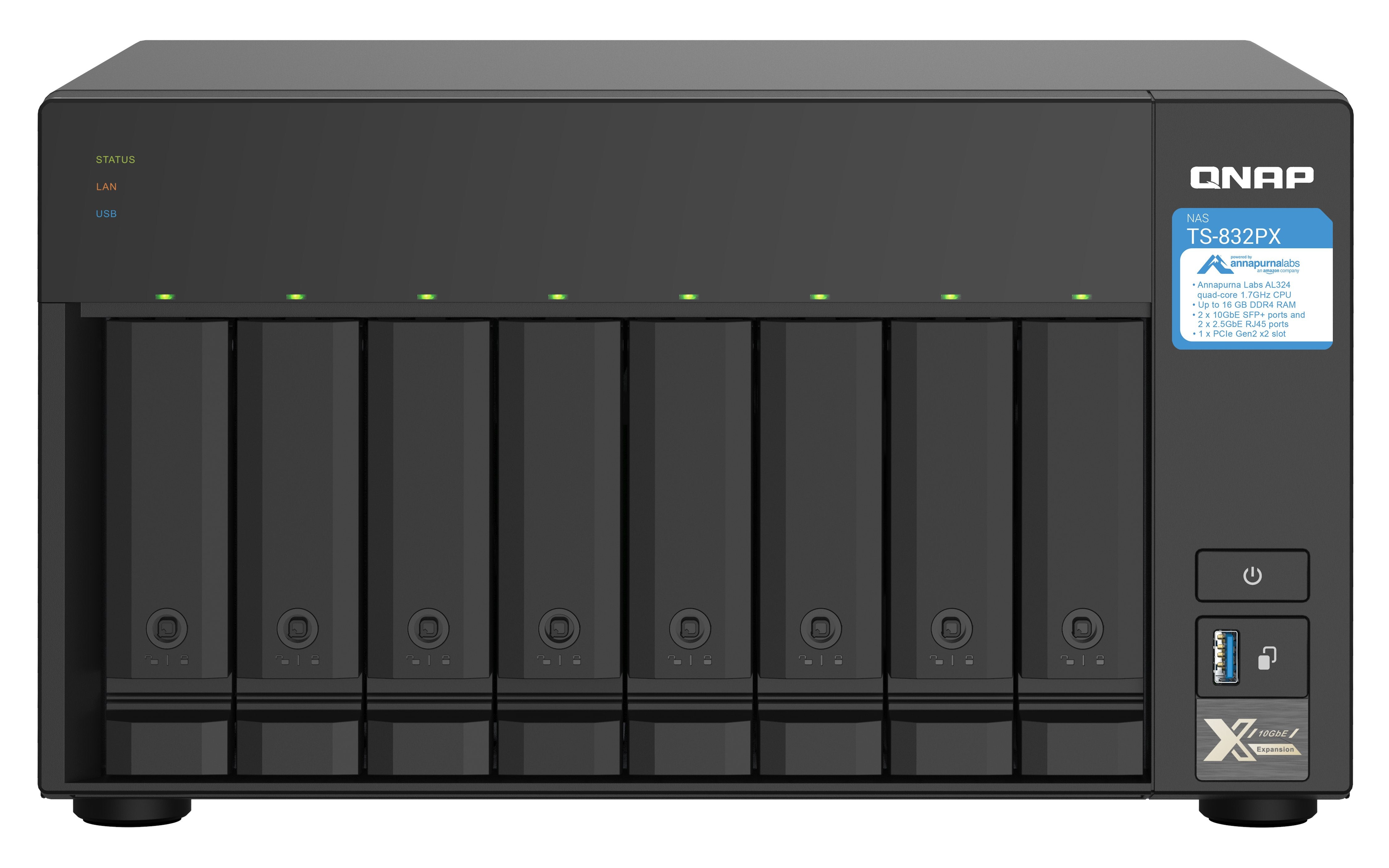 EAN 4713213518182 - QNAP TS-832PX NAS Torre Annapurna Labs AL324 4 GB DDR4 0 TB QNAP Turbo System Aluminio, Negro imagen 1