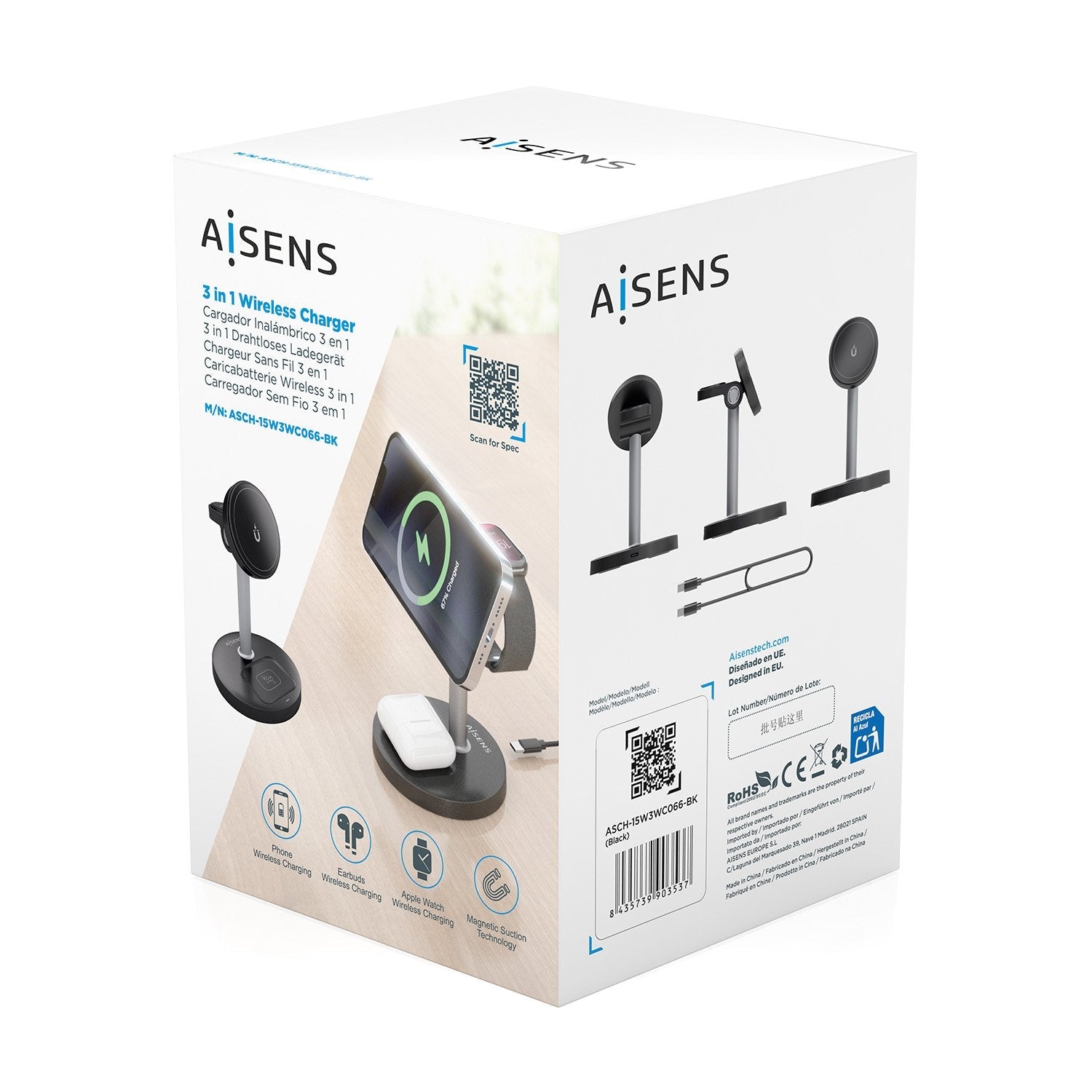Aisens Cargador Inalambrico Usb-C 4 En 1 De 15w Para Movil, Apple Watch, Auriculares Con Estuche De Carga, Negro
