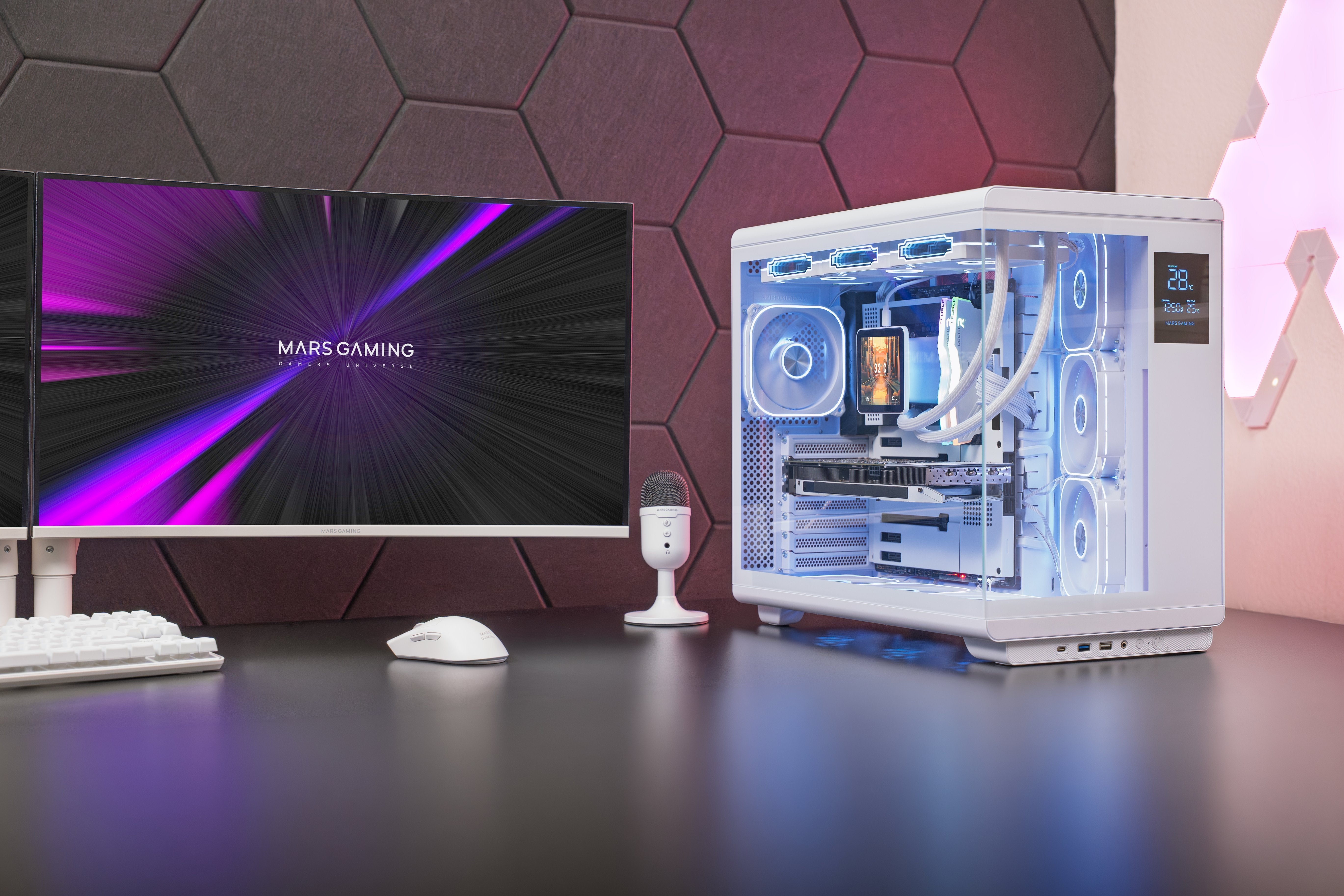 Caja Pc Atx Mars Gaming Mc-Revpro Pantalla Lcd 4.3" Cristal Templado 4x Ventiladores Argb Blanco
