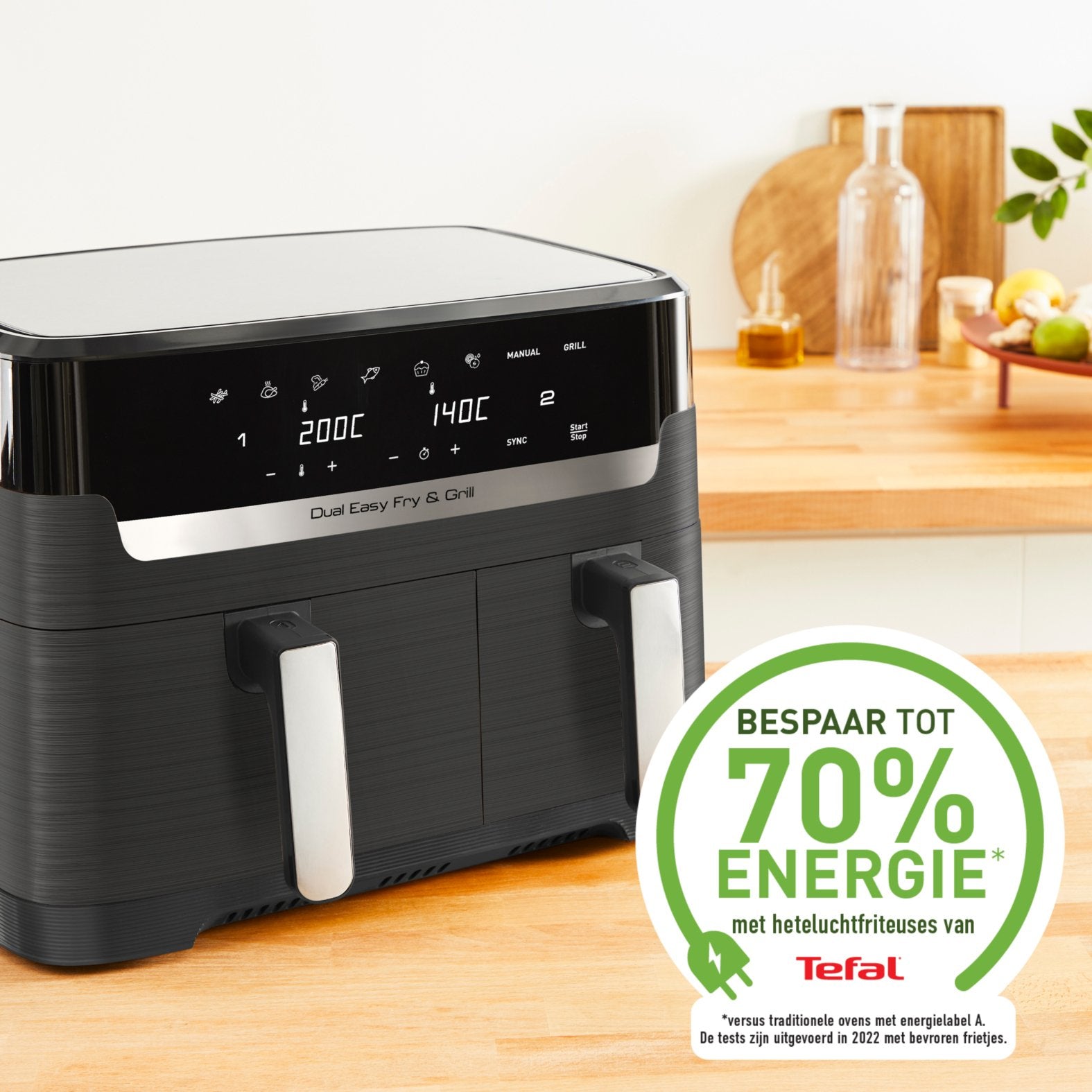 Freidora De Aire Caliente Doble Tefal Dual Easy Fry & Grill Negra, 2.700 Vatios, 2 Cestos 5,2 Litros + 3,1 Litros Ey905b