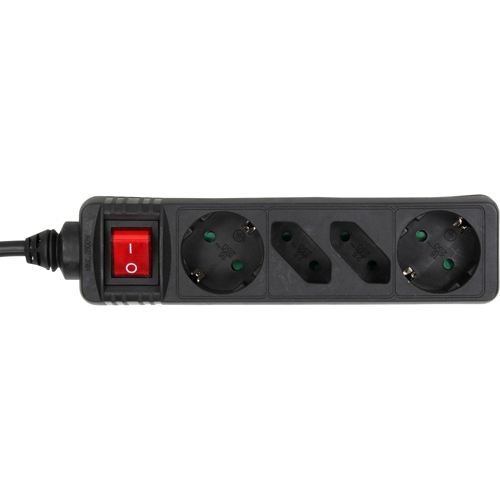 Inline Regleta 4 Tomas 2x Tipo F + 2x Euro Con Interruptor Negro 3m