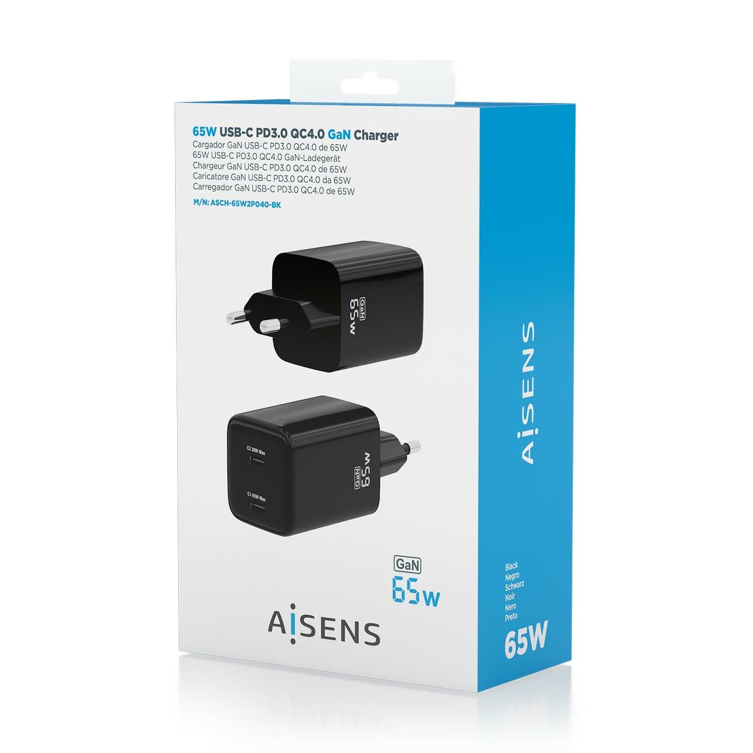 Aisens Cargador Gan De Pared 2xusb Tipo-C 65w Asch-65w2p040-Bk