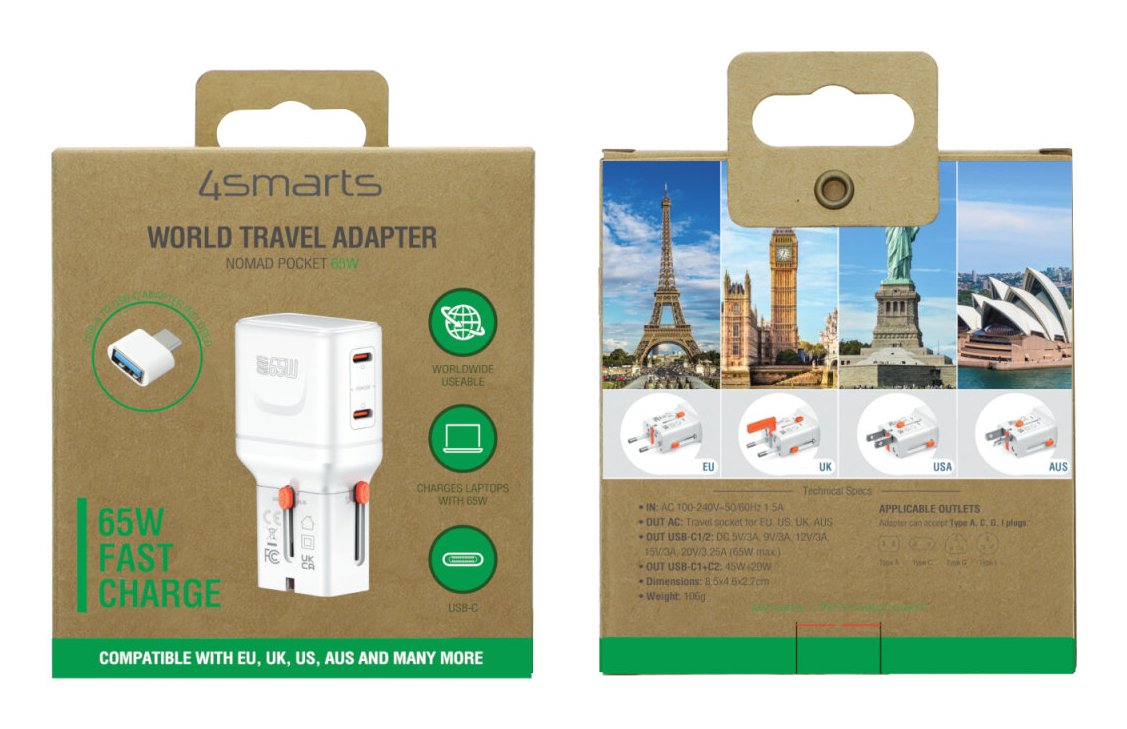 Ladowarka Podrózna World Travel 65w Usb-C + Usb-A Biala