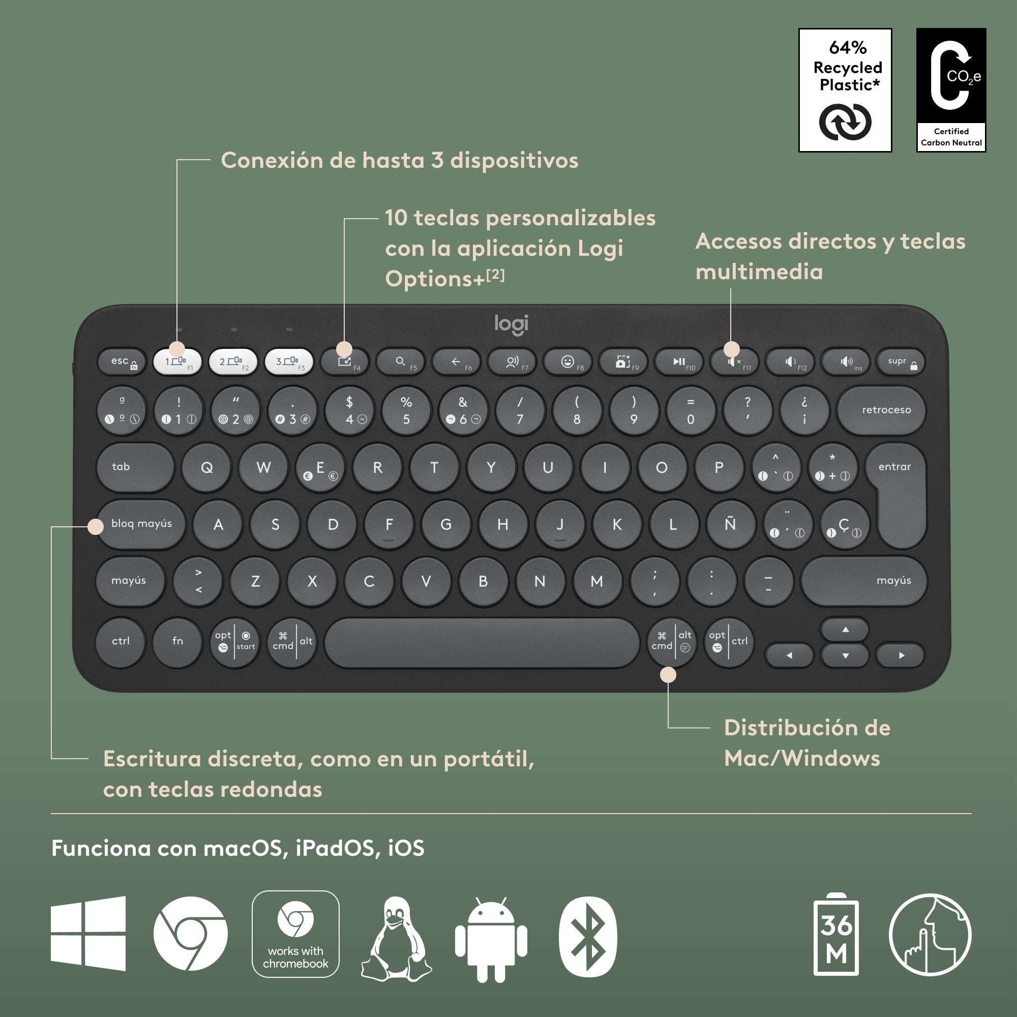 EAN 5099206111127 - Logitech 920-011827 teclado Universal RF Wireless + Bluetooth QWERTY Español Grafito imagen 11