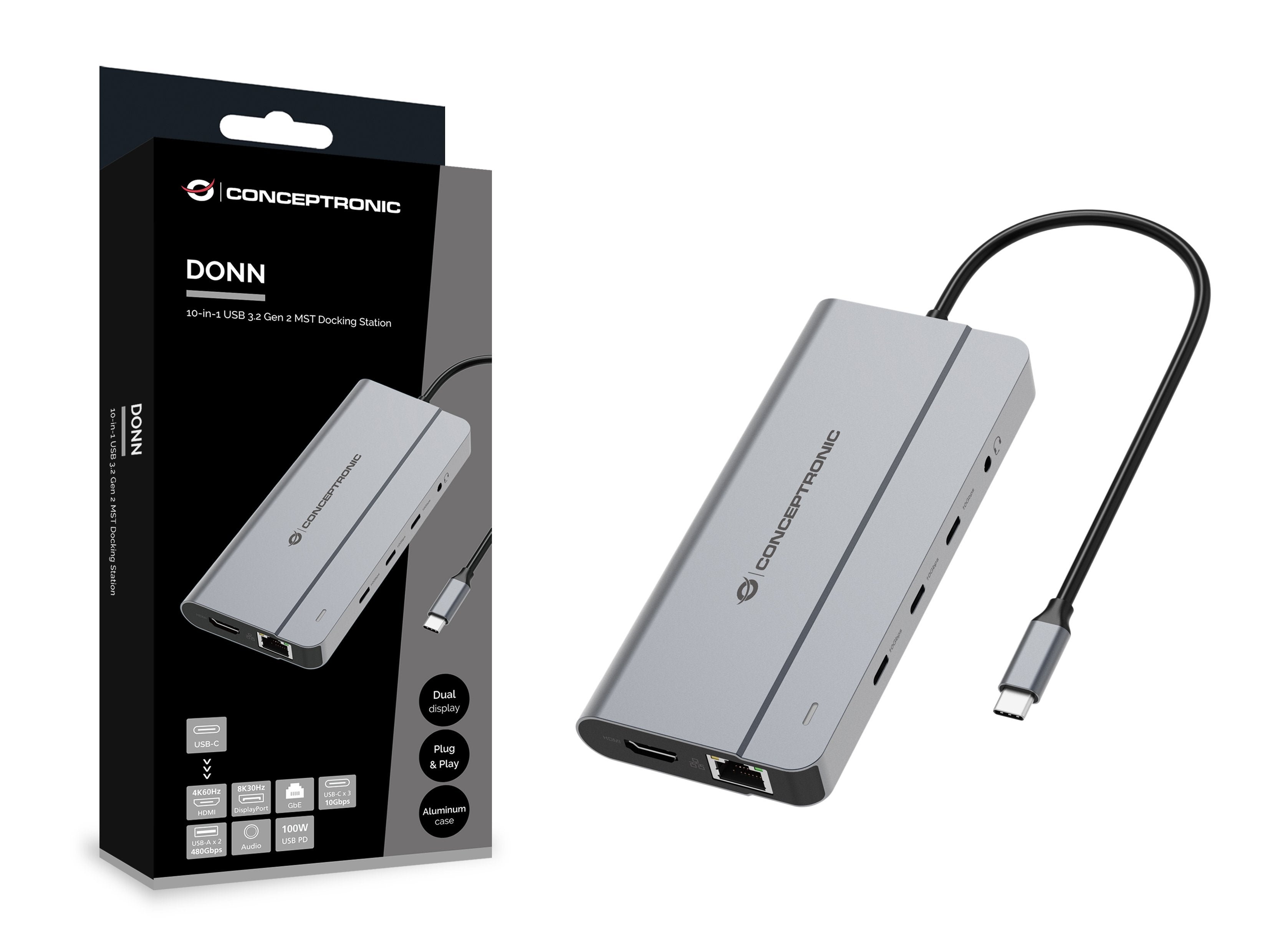 Docking Usb-C Conceptronic Donn34g 1xhdmi 1xvga 1xrj45 2xusb-A 2xusb-C Lector Tarjetas Audio Pd100w