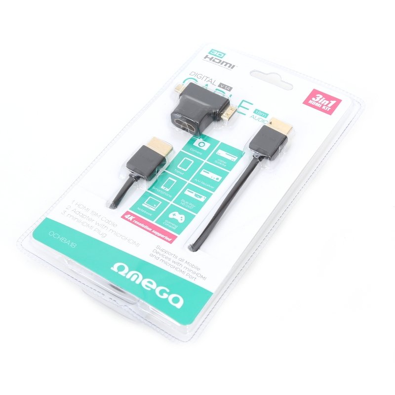 Omega Cable Hdmi V1.4 + Adaptador Minihdmi & Microhdmi 1.8m Blister