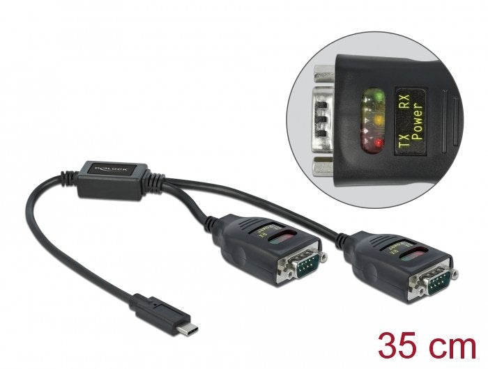 Delock Adaptador Usb Tipo-C A 2 X Serie Rs-232 Db9 Con 15 Kv Esd Schutz