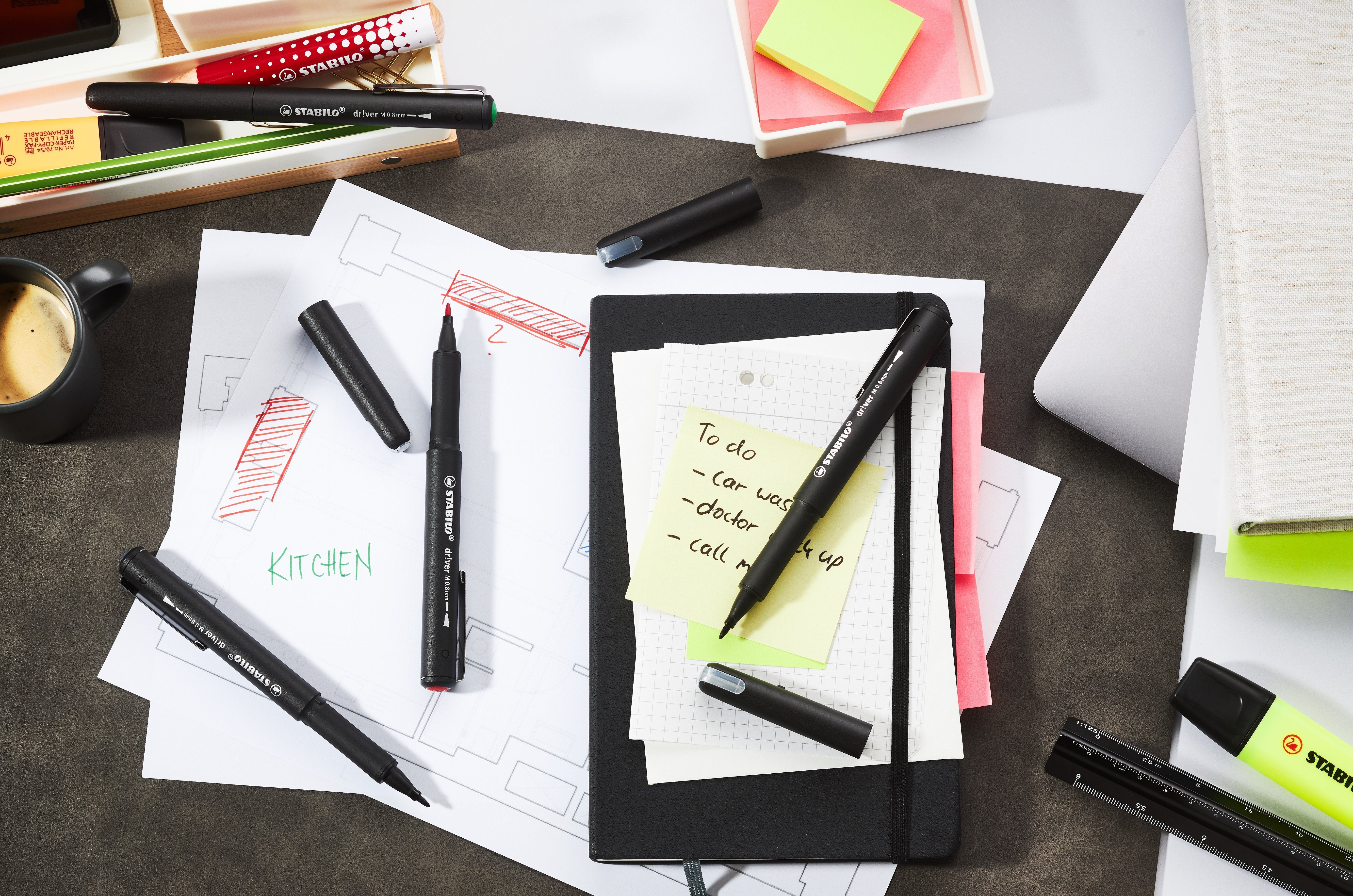 Stabilo Dr!Ver Pack De 4 Rotuladores De Punta Media 0.8mm - Tinta A Prueba De Manchas, Inodora Y Con Base Al Agua -