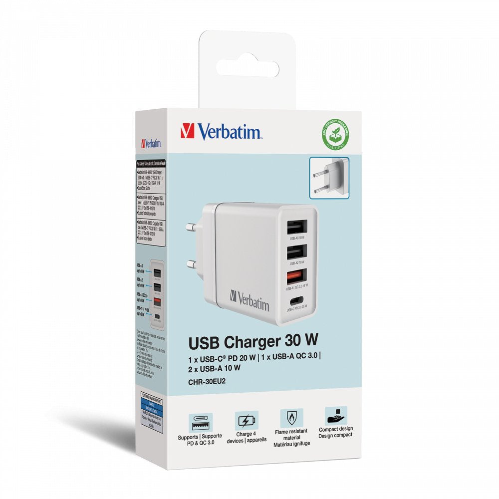 Cargador De Pared Verbatim Chr-30eu2 1xusb Tipo-C 3xusb 30w