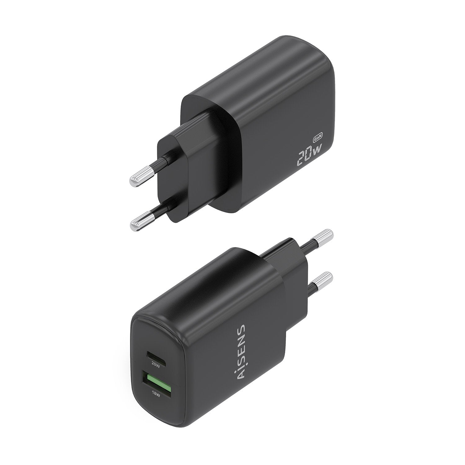 Aisens Cargador Gan 20w, 1xusb-C Pd3.0, 1xusb-A Qc3.0, Negro