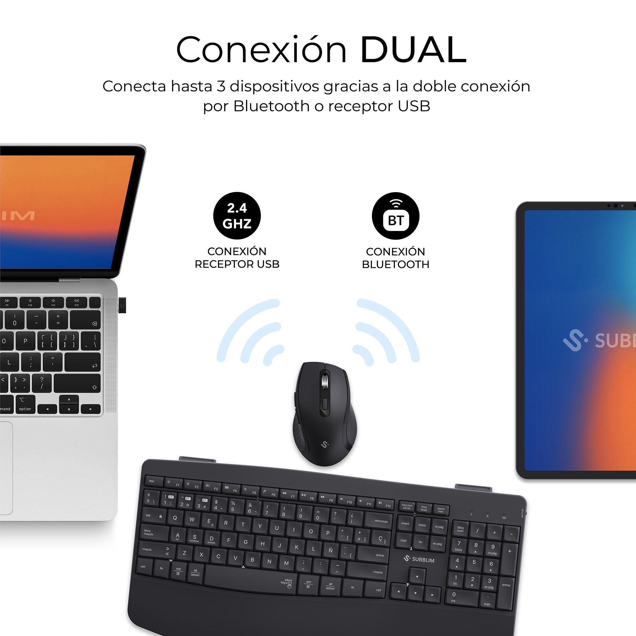 EAN 8436586743444 - SUBBLIM SUBKBC-DCOPW2 teclado Ratón incluido Hogar / Oficina RF Wireless + Bluetooth QWERTY Español Negro imagen 2