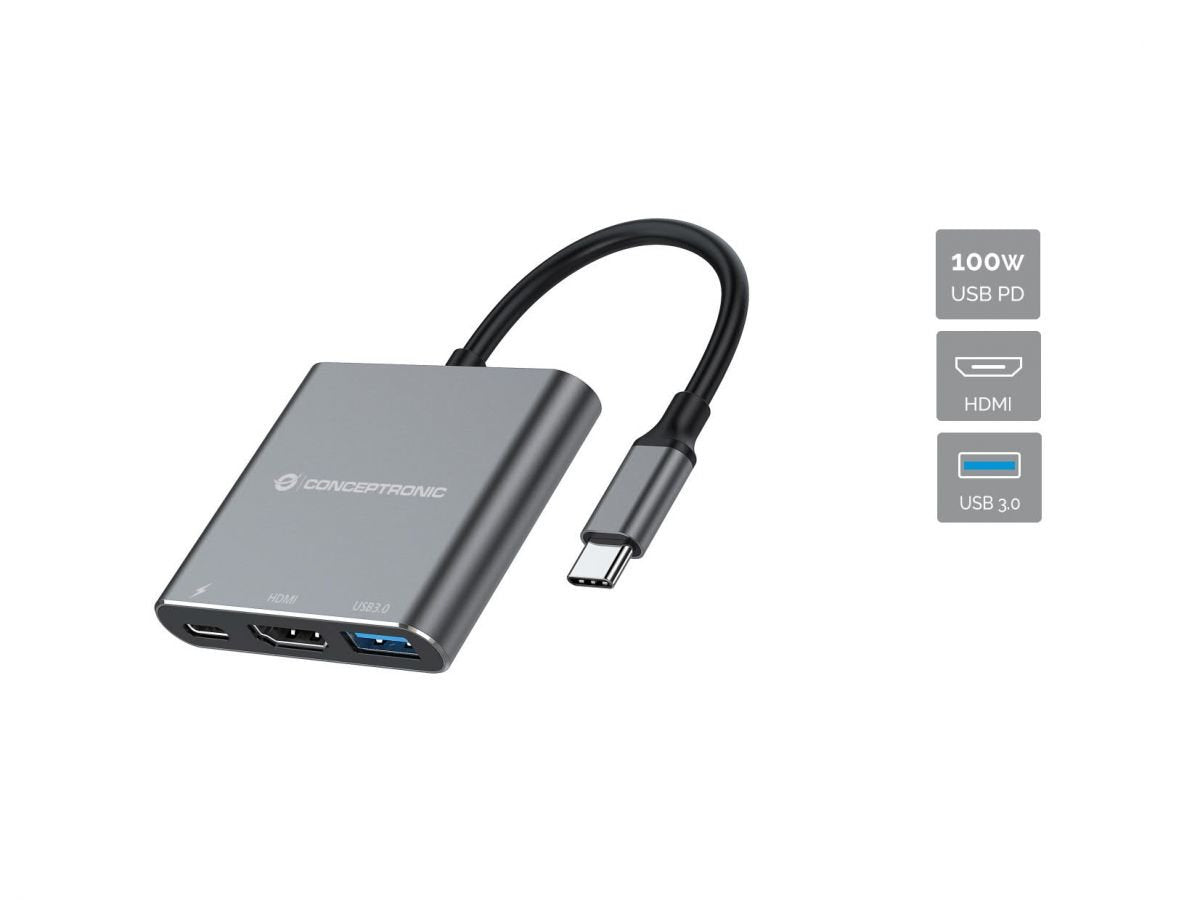Adaptador Usb-C 3en1 Conceptronic Donn018 Hdmi Usb -A 3.0 Usb-C Pd 100w A