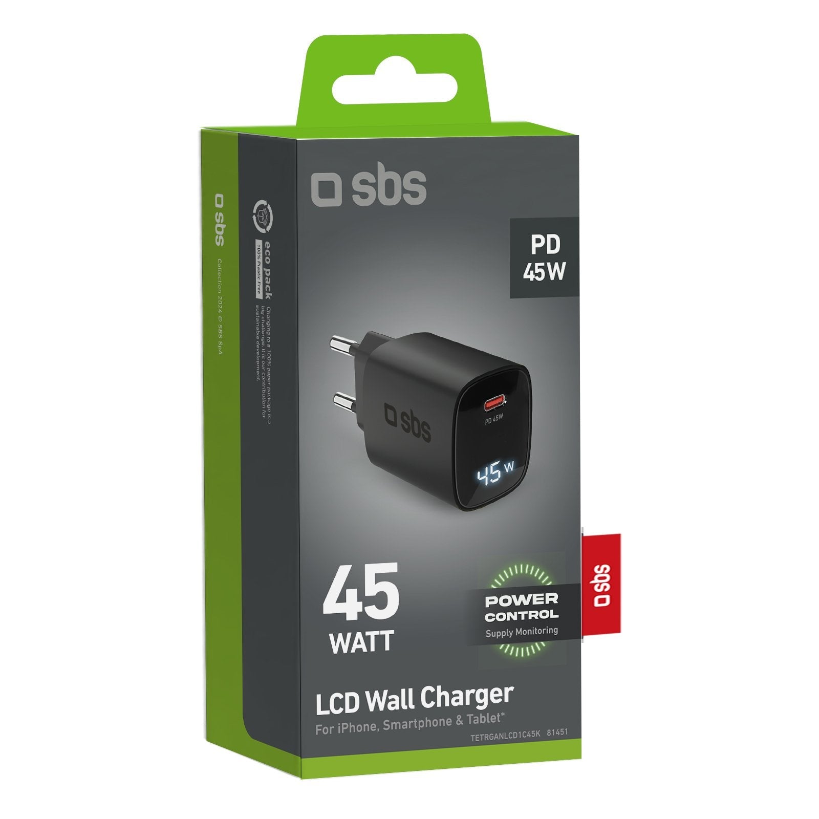 Sbs Pd Reiselader 45w Usb-C Lcd Display Gan Schwarz