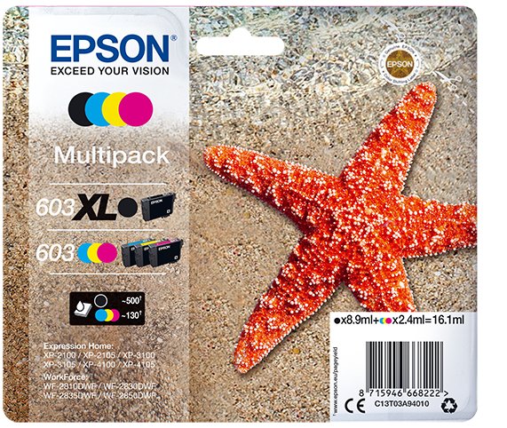 Epson Tinta Bk/C/M/Y Multipack Xp-2100, 3100, 4100 / Wf-2830dwf, 2850dwf (Negro 603xl-Colores 603)