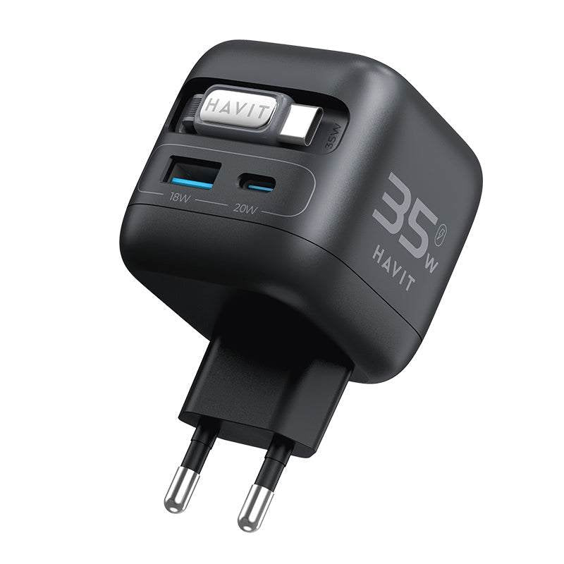 Havit Uc250 A-Eu - Cargador De Viaje Gan Con Cable Extensible (Negro)
