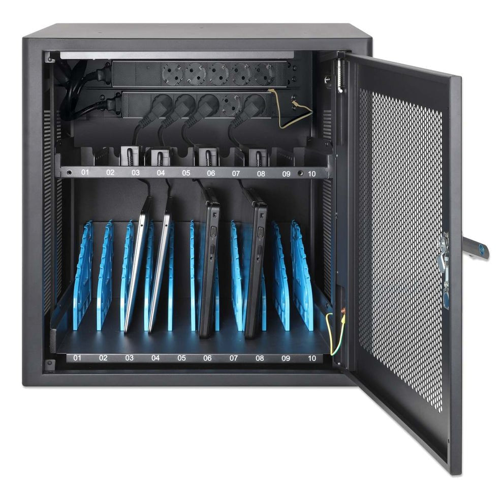 Manhattan Laptop Charging Cabinet Desktop Via Ac Adapter (Eu) 10-Bay, Install Device'S Ac Adapter (Power Cables) Into Unit, Suitable For All Laptops (To 16"), Ipads, Macbooks, Chromebooks, Other Portable Devices, Bays 380x30x280mm, Cart, Lo
