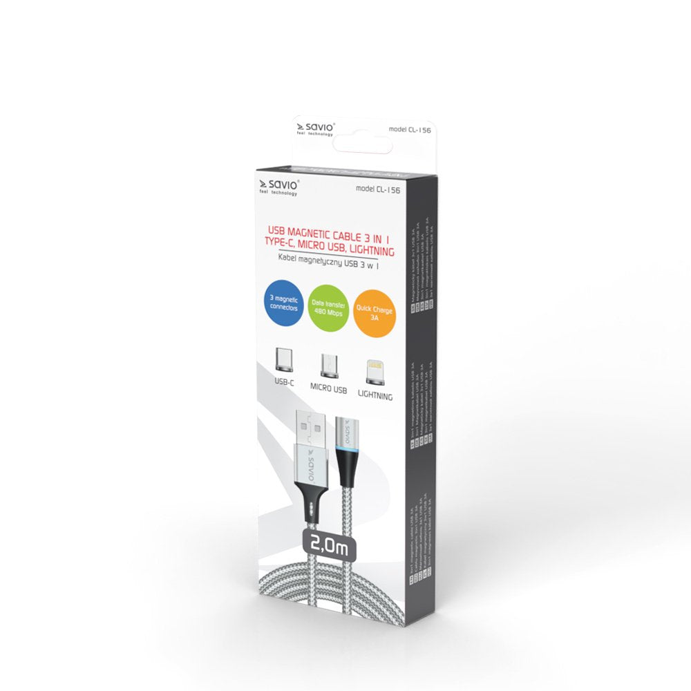 EAN 5901986046745 - Savio CL-156 cable USB USB 2.0 2 m USB A USB C/Micro-USB B/Lightning Plata imagen 2
