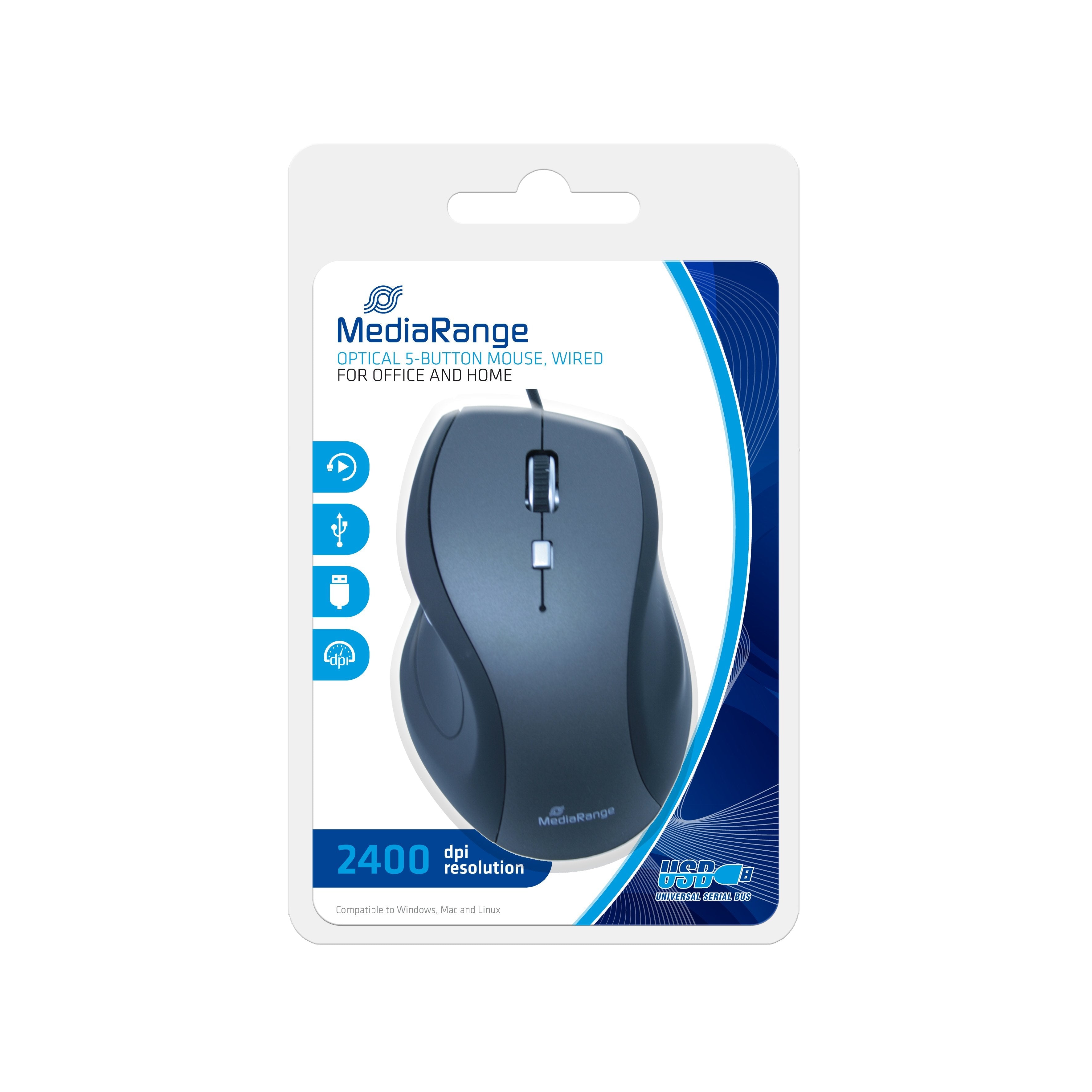 Mediarange Mros202 Ratón Usb Tipo A Óptico 2400 Dpi Mano Derecha