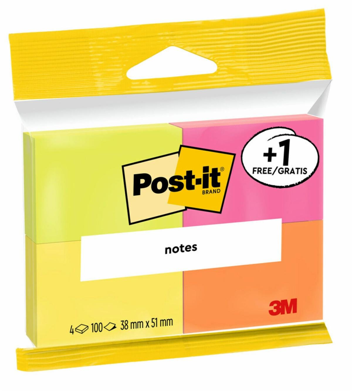 Post-It Pack De 4 Blocs De 100 Notas Adhesivas Reposicionables - Colores Neon - 38x51mm - Promocion 3 Blocs + 1 Gratis
