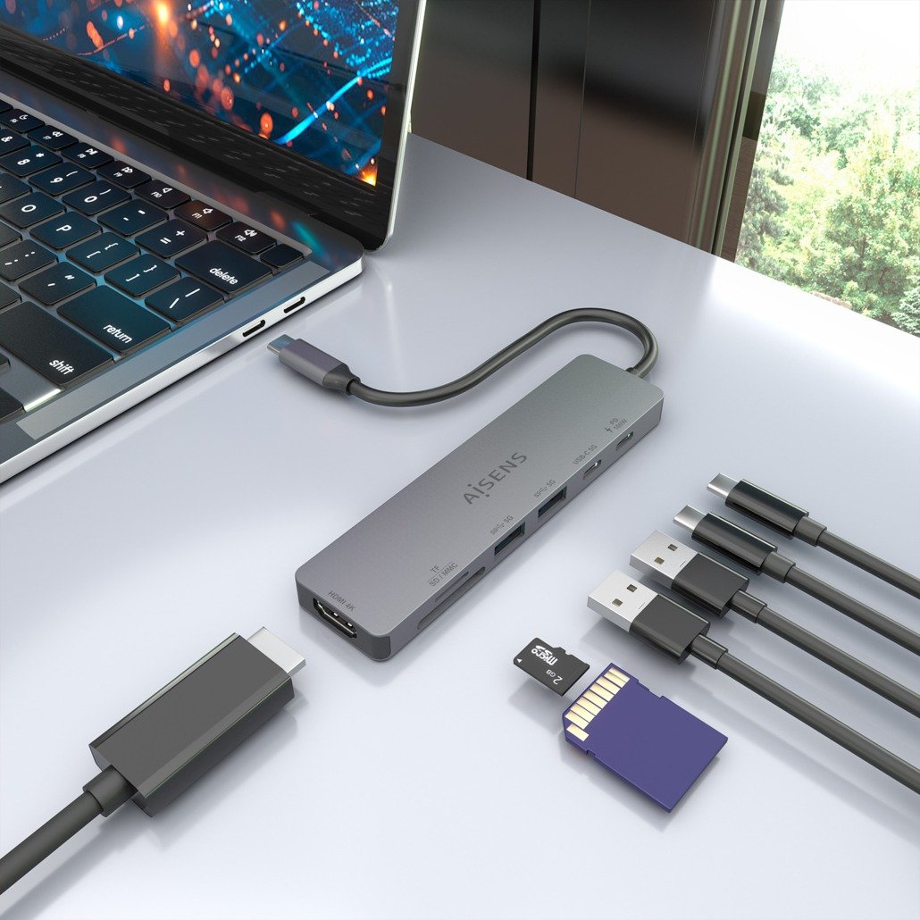 Aisens Usb-C Dock 7 En 1, Usb-C A 1xhdmi, 2xusb-A, 1xusb-C, 1xusb-C Pd 100w, 1xsd, 1xmicro Sd, Gris, 15cm