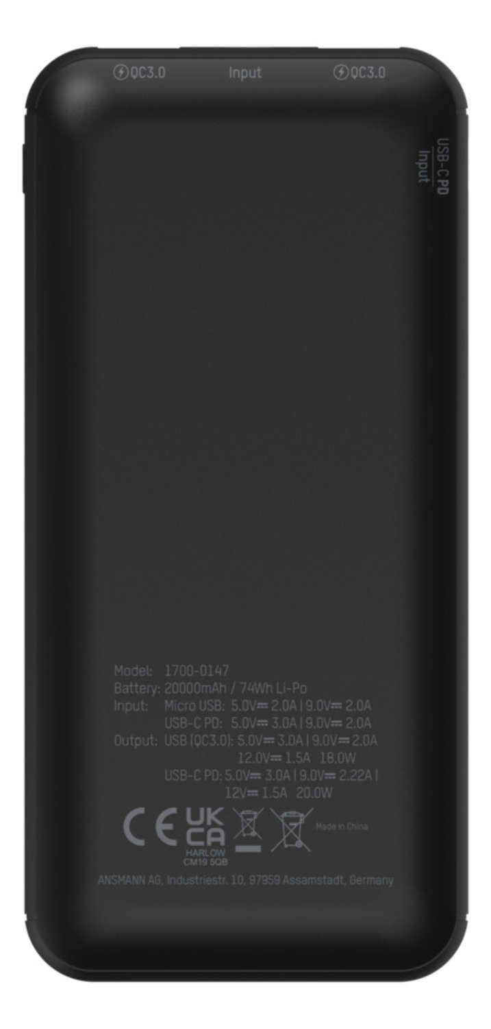 Bateria Ansmann Powerbank 20000 Mah 20w 2 Usb-A Ports, Usb-C Port