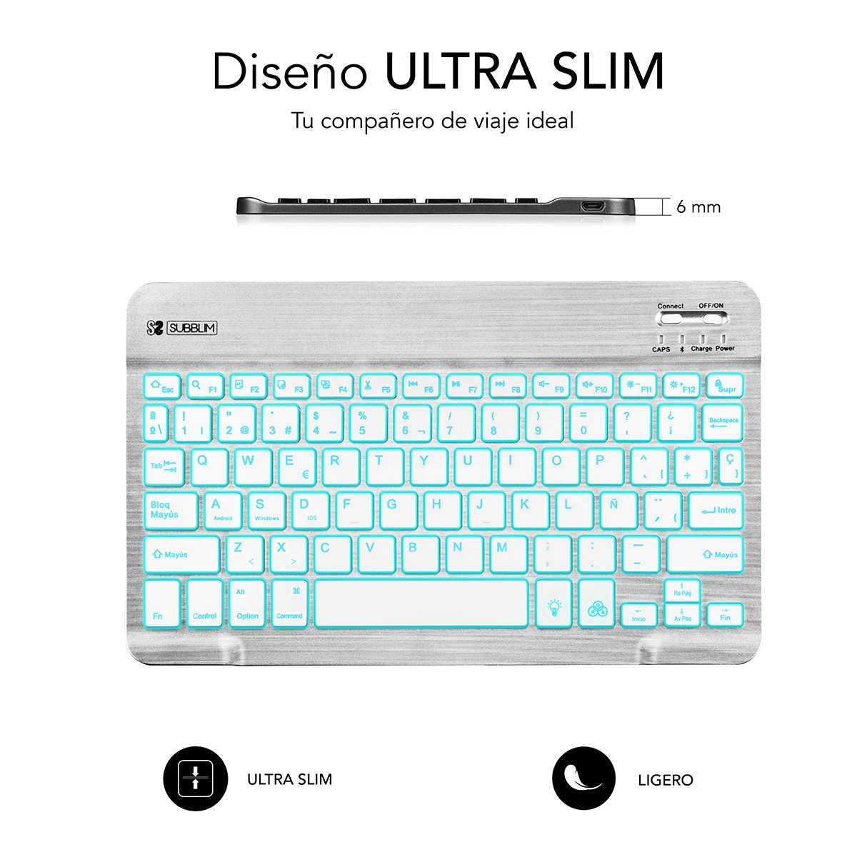 EAN 8436586740580 - SUBBLIM TECLADO SMART BACKLIT BLUETOOTH SILVER QWERTY Español Plata, Blanco imagen 3