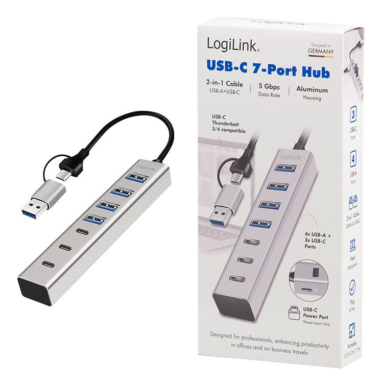 Hub Usb 3.0, 7 Puertos 4xusb-A + 3xusb-C, Cable Usb-A/Usb-C 3.0 2 En 1, 5 Gbps