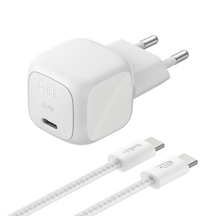Pack Cargador De Red *Gan* Usb-C 30w Pd + Cable Tresse Usb-C Vers Usb-C 2m - Plateado - Belkin