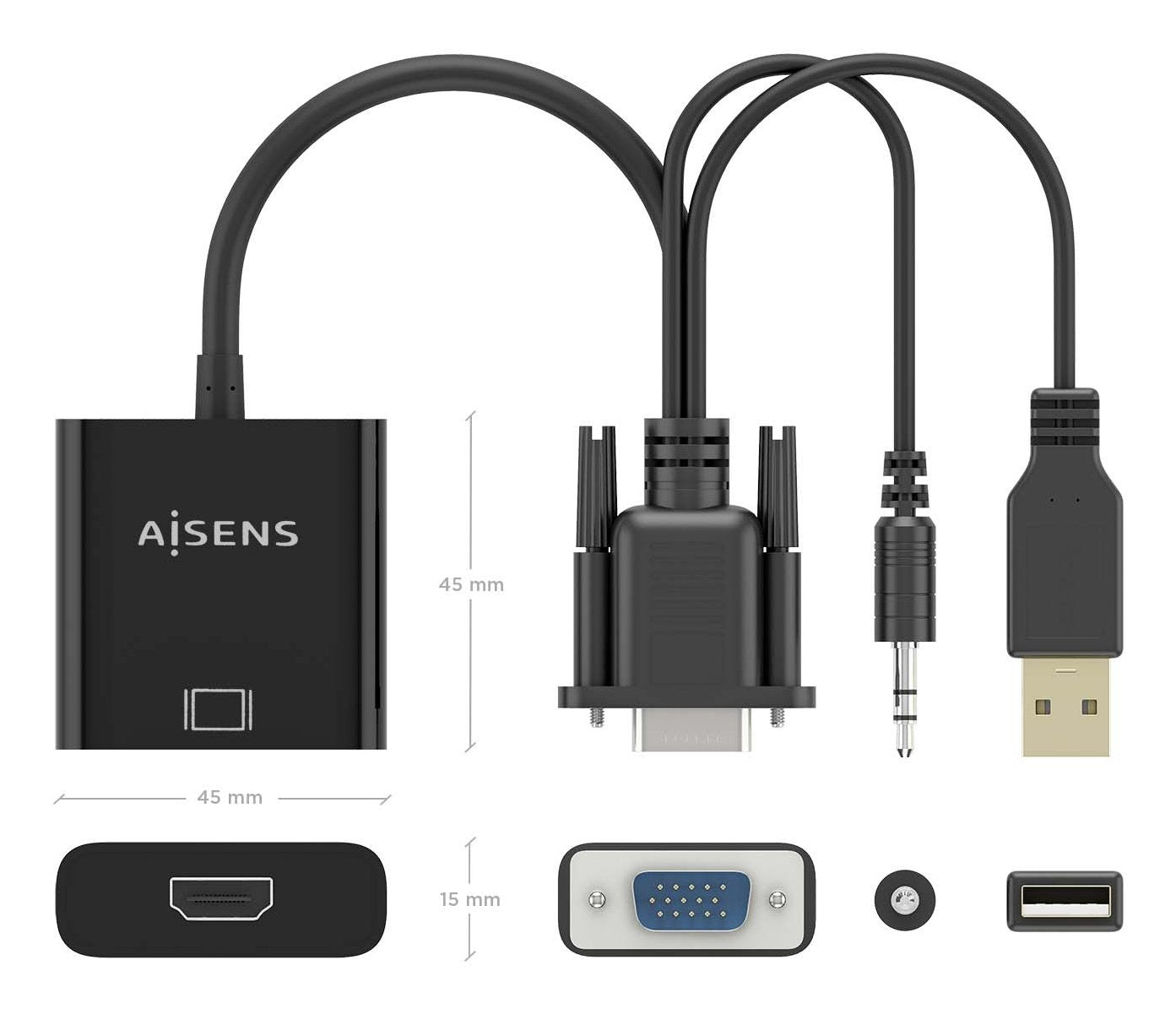 EAN 8435739901595 - AISENS A115-0872 adaptador de cable de vídeo 0,2 m HDMI tipo A (Estándar) VGA (D-Sub) + 3.5mm + USB Type- imagen 4