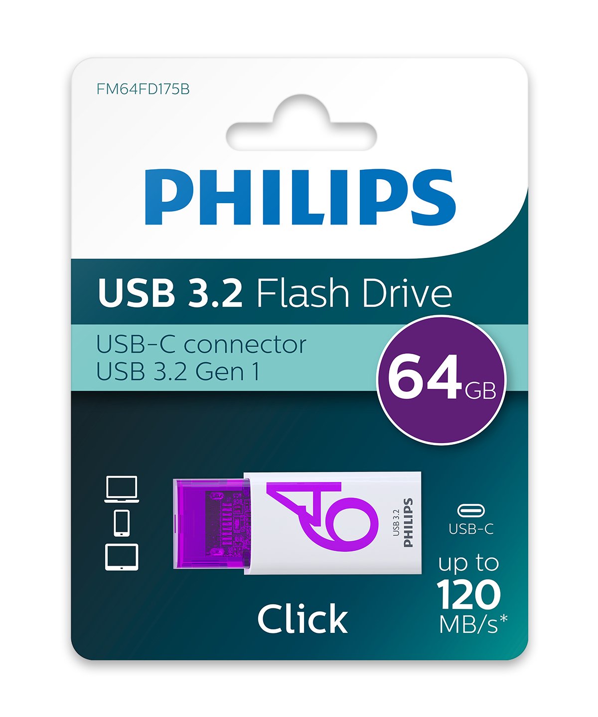 Philips Usb 3.2 64gb Click Series Gen 1 Usb-C Unidad Flash Usb 128 Gb Usb Tipo A 2.0 Plata