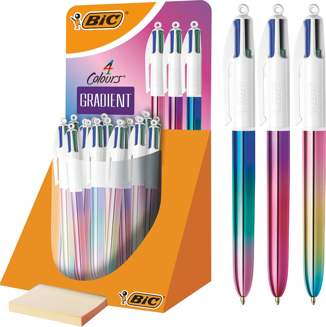 Bic 4 Colours Gradient Expositor De 30 Boligrafos De Bola Retractiles - Punta Media De 1.0mm - Tinta Con Base De Aceite - Cuerpo Blanco/Degradado Tricolor - 4 Colores