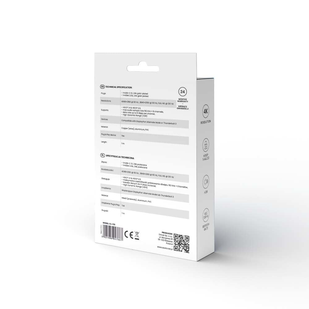 Savio Cl-170 Kabel Usb-C Do Hdmi V2.0b, 1m, Miedz