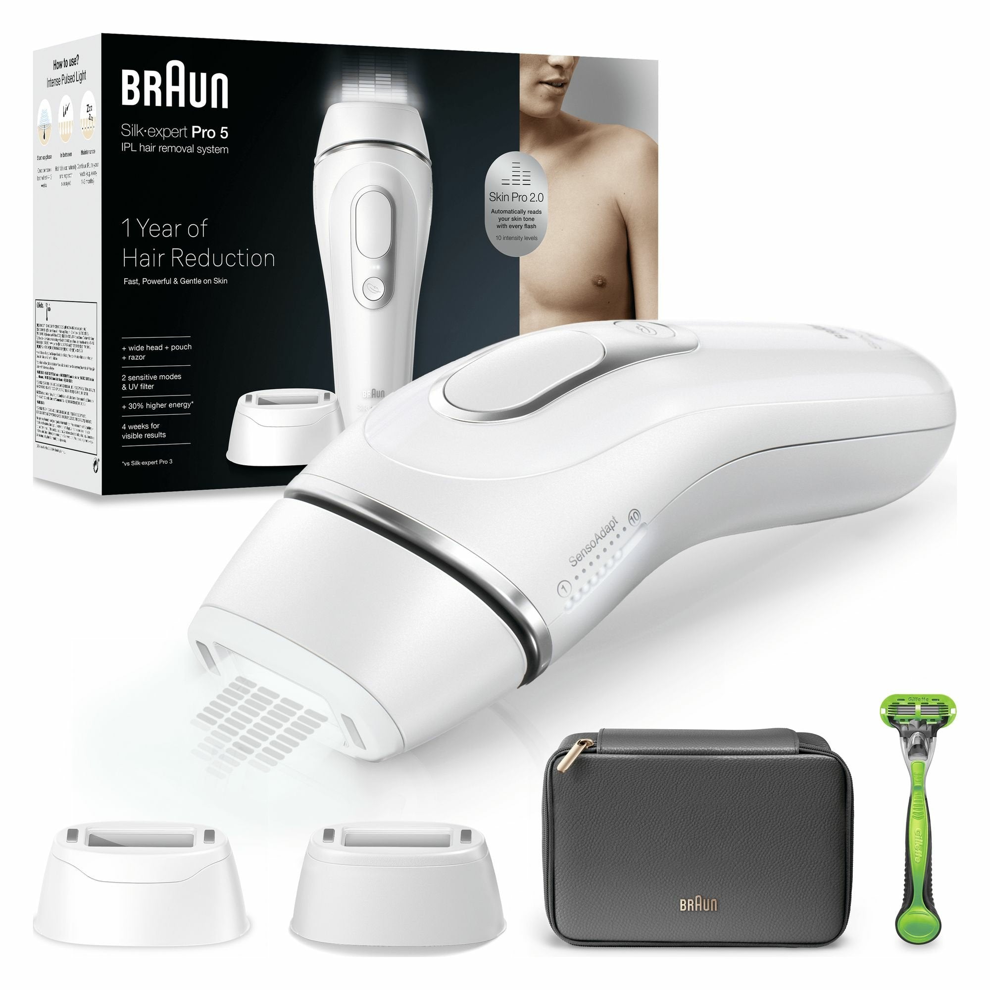 Depiladora Braun Silk-Expert Pro Ipl Pl5145, Blanca Plateada, Incl. Bolsa + Accesorio Ancho + Maquinilla De Afeitar Gillette 7500435238373