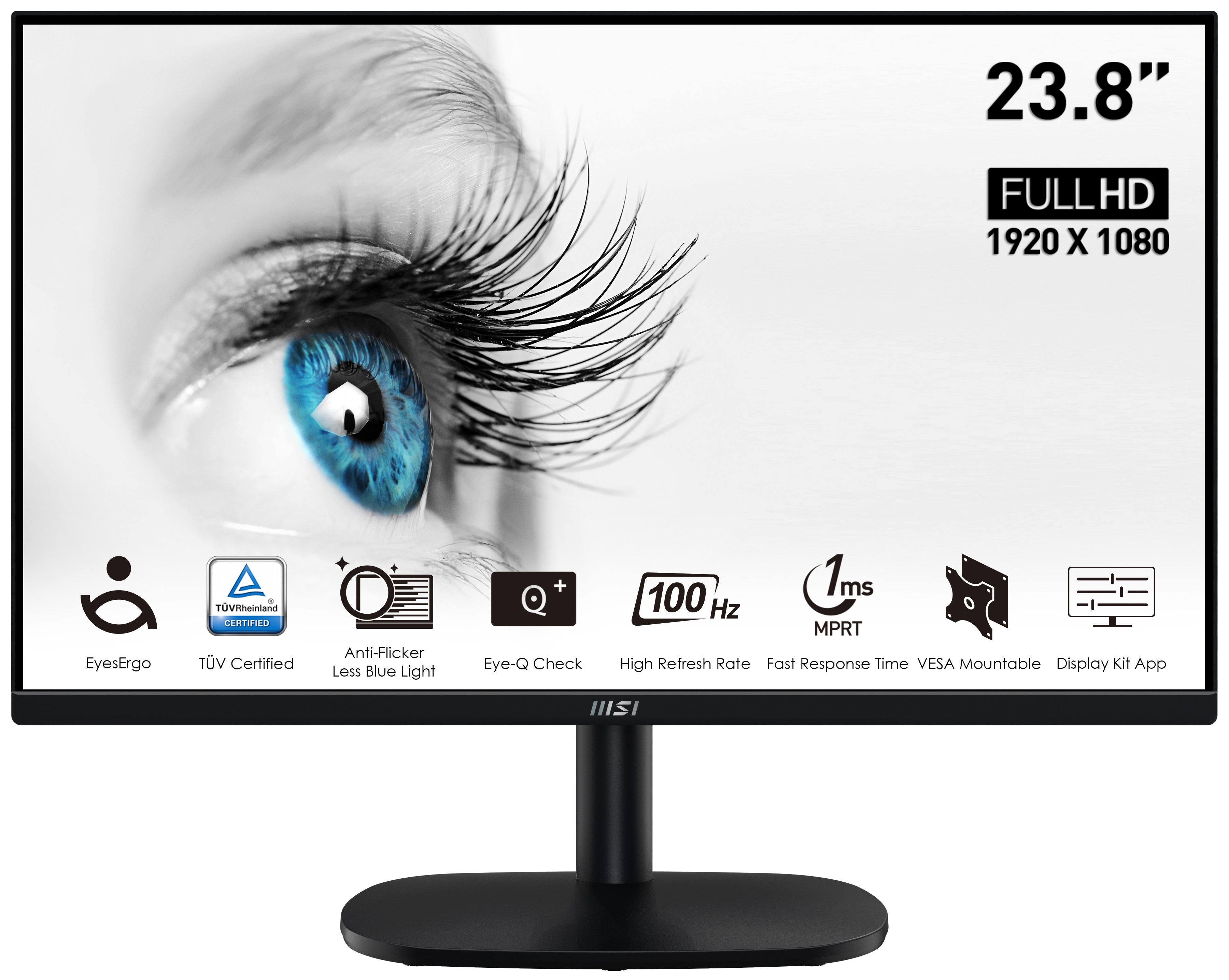 Monitor Msi Pro Mp245vde, Led 23,8 "Negro, Fullhd, Va, Adaptive Sync, Hdmi, Vga, Panel 100hz 9s6-3pc0cm-003