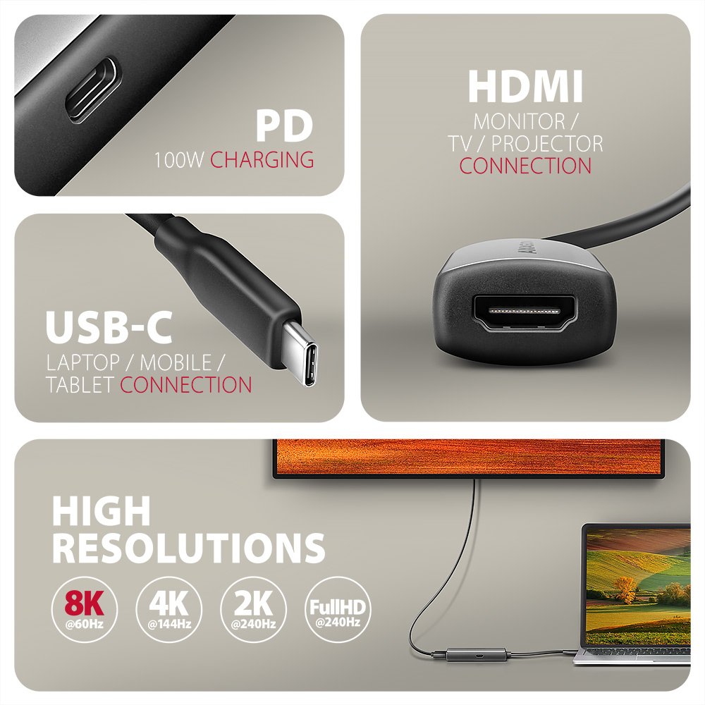 EAN 8595247908773 - Axagon RVC-HI8KPD, USB-C -> HDMI 2.1 redukce / adaptér, 8K/60Hz, 4K/144Hz, HDR10+, PD100W 0,16 m USB Tipo imagen 2
