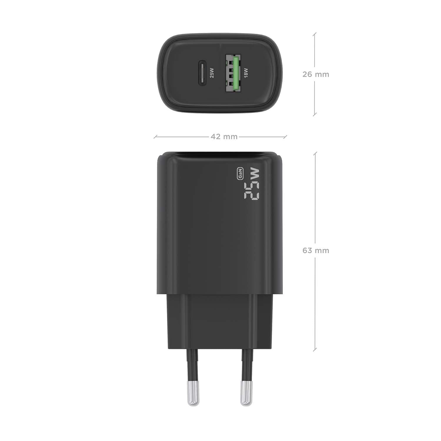 Aisens Cargador 25w, 1xusb-C Pd3.0, 1xusb-A Qc3.0, Negro