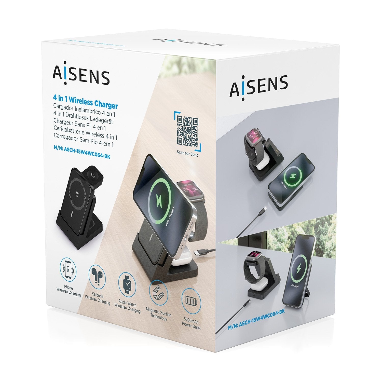 Aisens Cargador Inalambrico Usb-C 4 En 1 De 15w Para Movil, Apple Watch, Auriculares Con Estuche De Carga, Negro