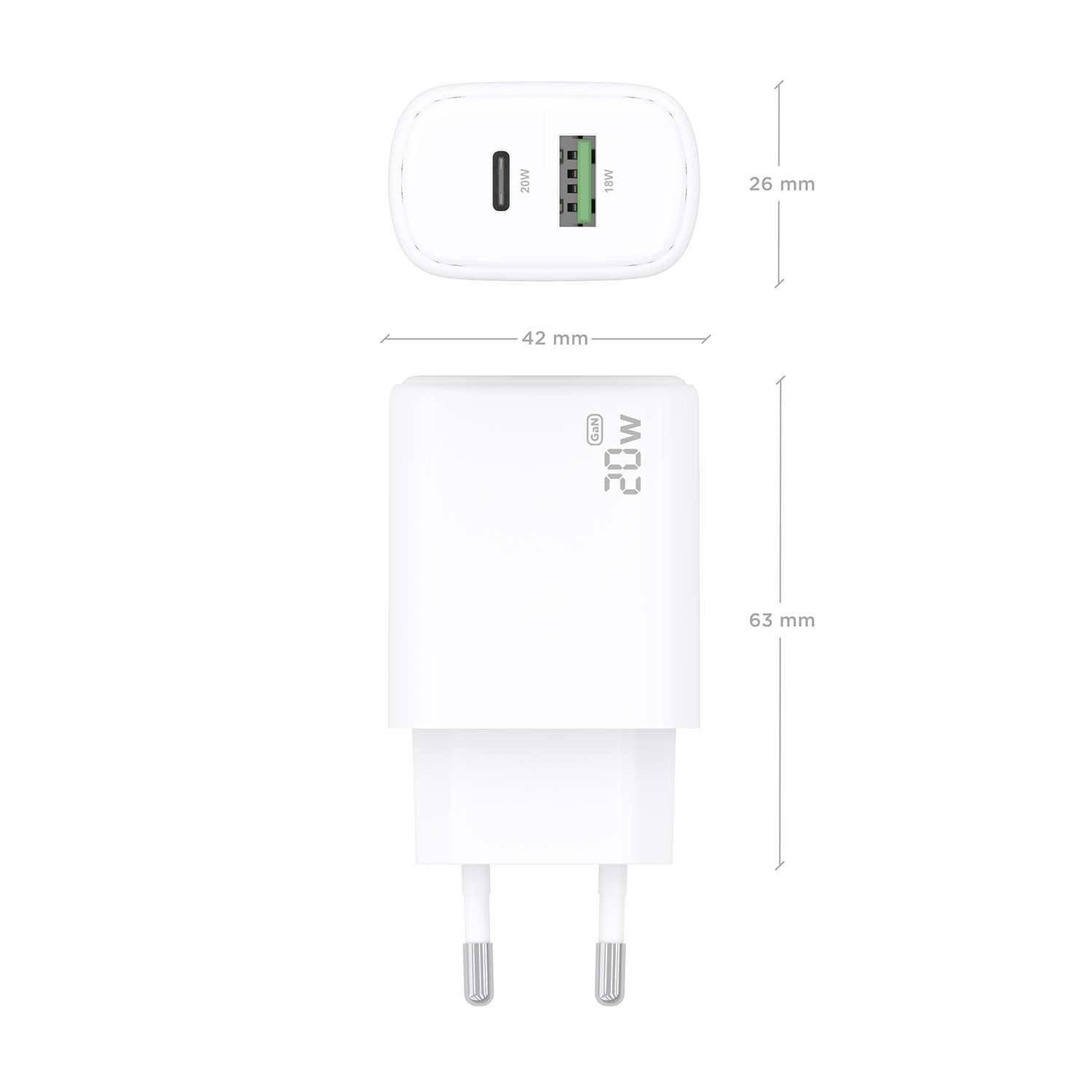 Aisens Cargador Gan 20w, 1xusb-C Pd3.0, 1xusb-A Qc3.0, Blanco