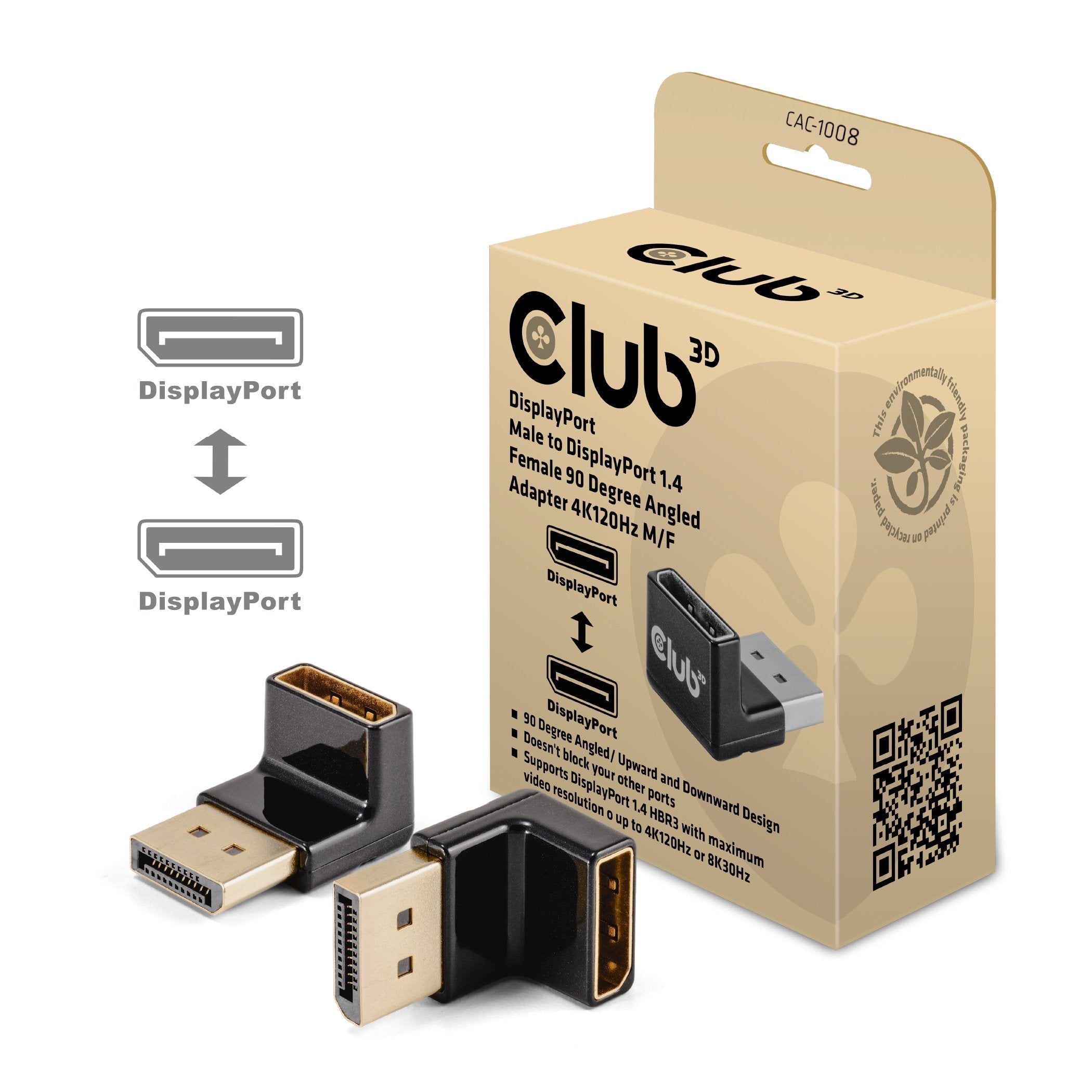 EAN 8719214473129 - CLUB3D DISPLAYPORT MALE TO DISPLAYPORT 1.4 FEMALE 90 DEGREE ANGLED ADAPTER 4K120HZ M/F - Adapter imagen 1