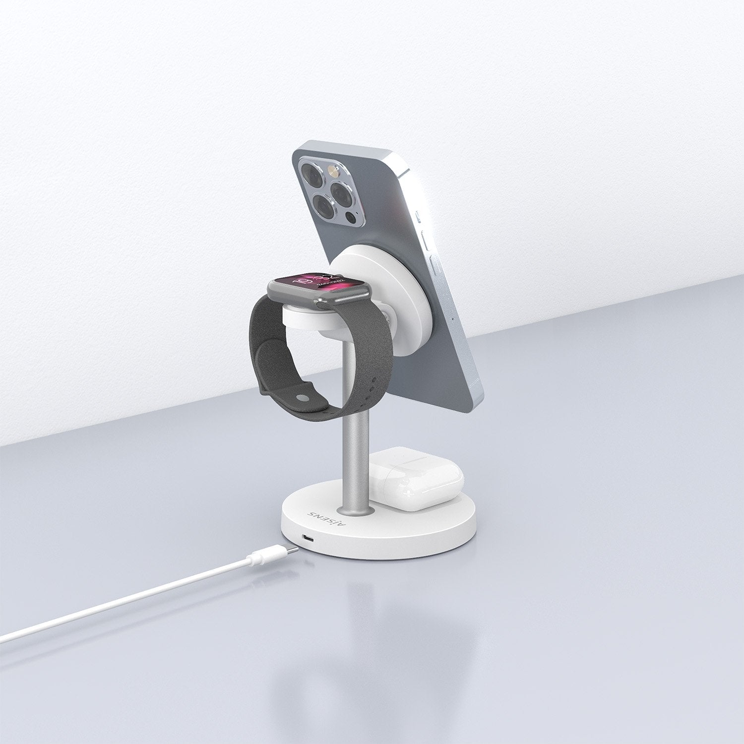 Aisens Cargador Inalambrico Usb-C 3 En 1 De 15w Para Movil, Apple Watch, Auriculares Con Estuche De Carga, Blanco