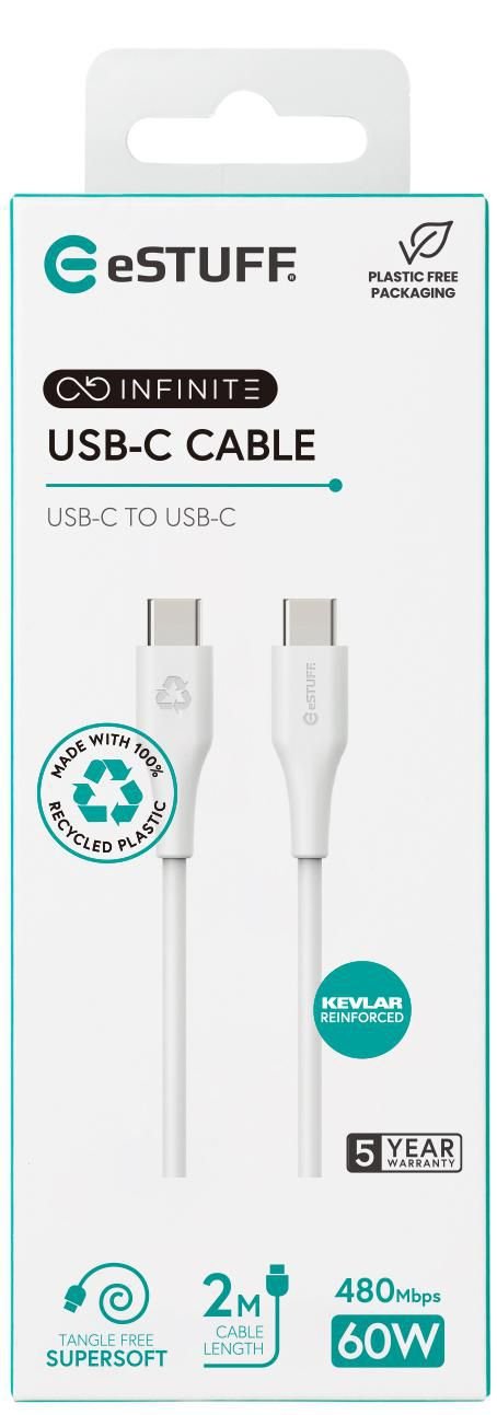 Infinite Usb-C To Usb-C Cable - 2m White. Recycled Plastic. - Super Soft - Warranty: 60m