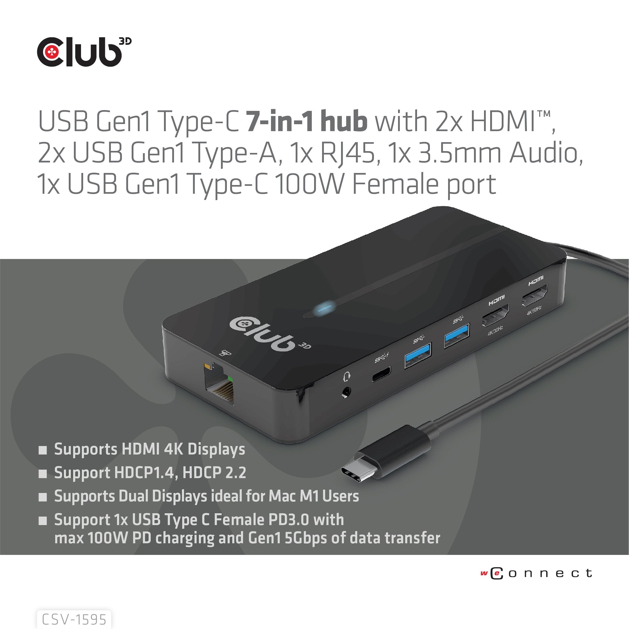 Club3d Usb-7-In1-Hub Usb-C > 2xhdmi/2xusb/Rj45/Usb-C 100w Retail