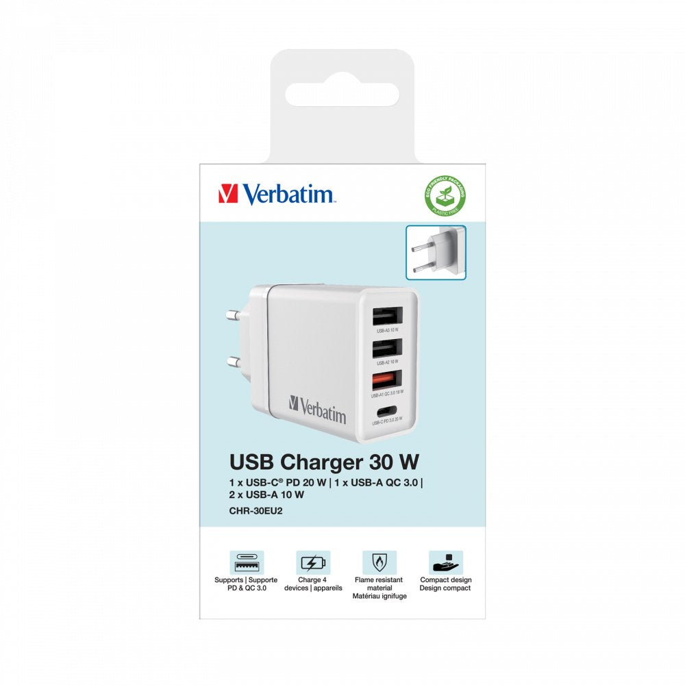 Cargador De Pared Verbatim Chr-30eu2 1xusb Tipo-C 3xusb 30w