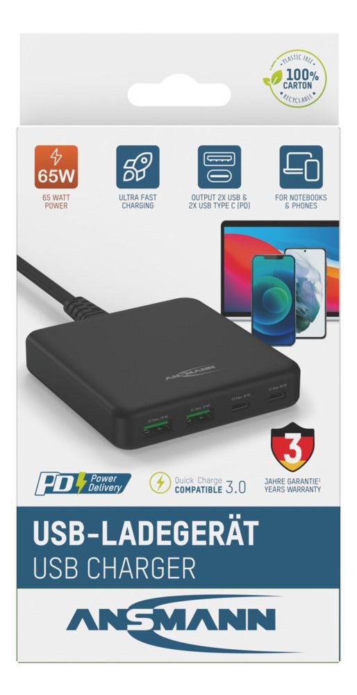 Ansmann Cargador Usb De Escritorio Dc465pd Negro, 65 Vatios, Pd, Quick Charge 3.0 1001-0141