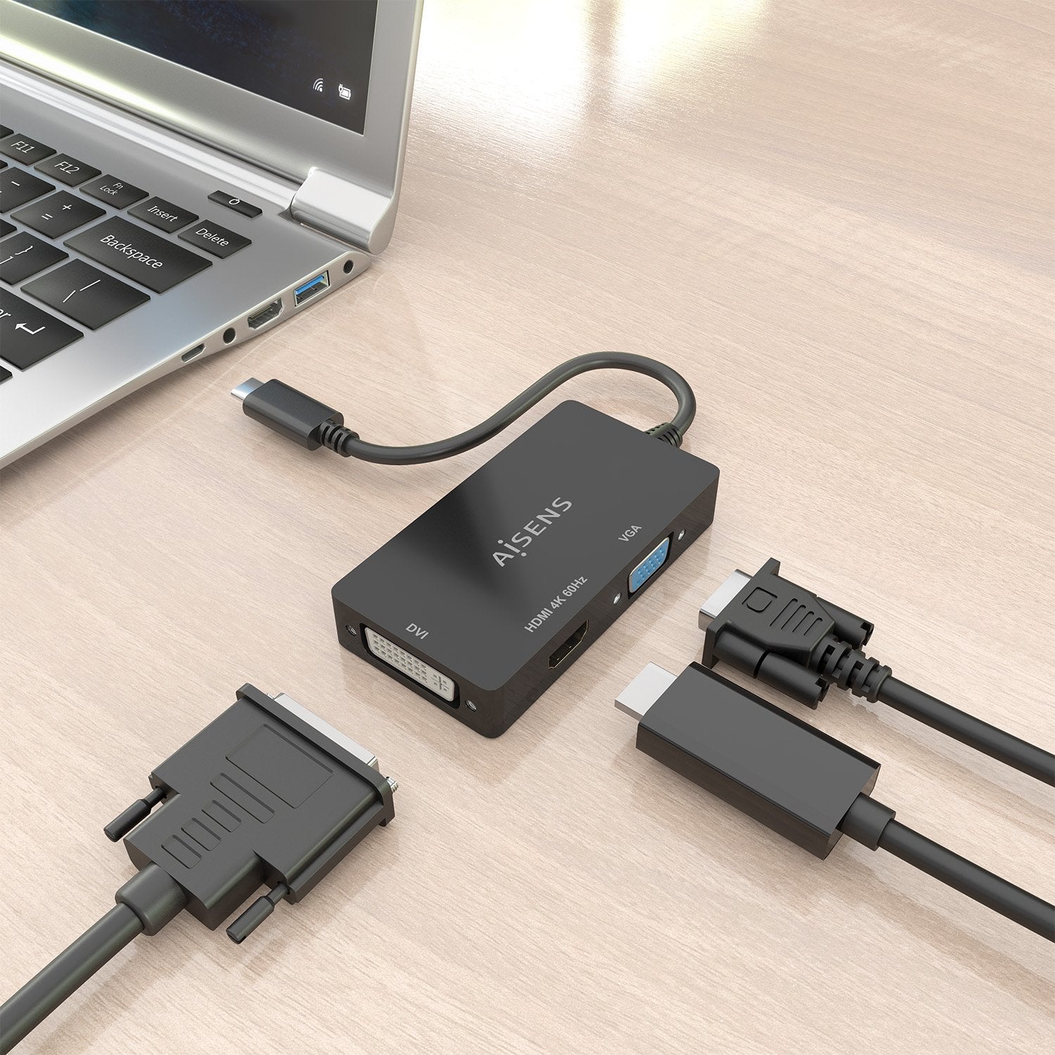 Aisens Conversor Usb-C A Dvi/Hdmi/Vga, Usb-C/M-Dvi/H-Hdmi/H-Vga/H, Negro, 15cm