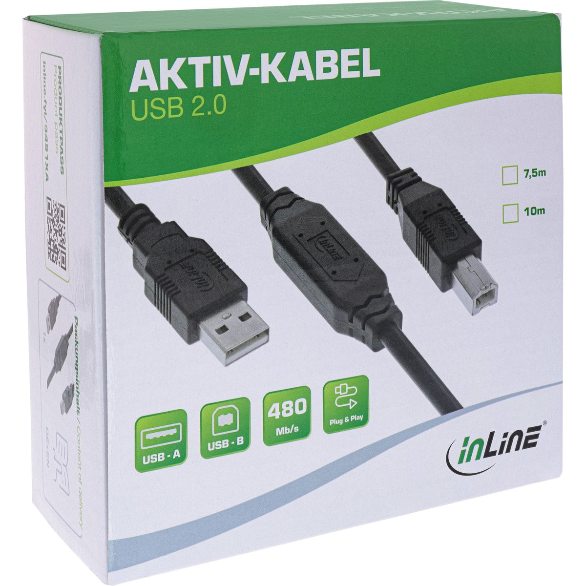 Inline® Usb 2.0 Active Cable, Usb-A Macho A Usb-B Male, 10m